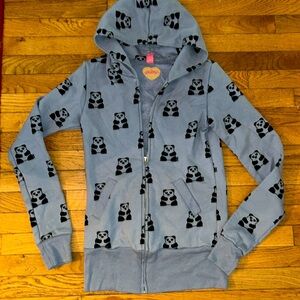 RARE Y2K PRIMP Sz M Rhinestone PANDA bear print, blue & black zip up long hoodie